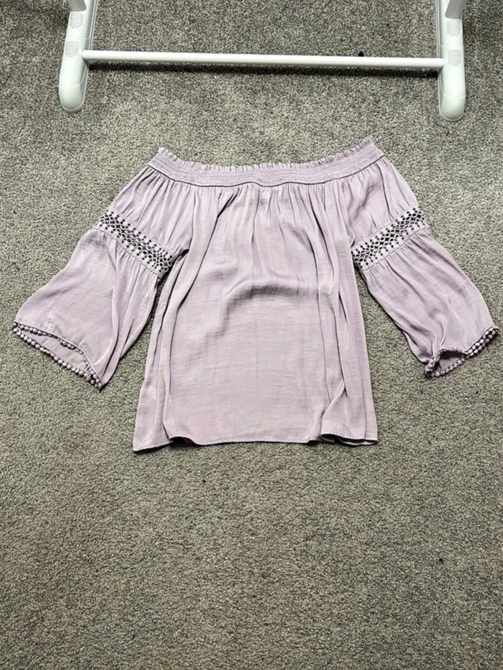 Jennifer Lopez Lilac Off Shoulder Embroidered Crochet Blouse